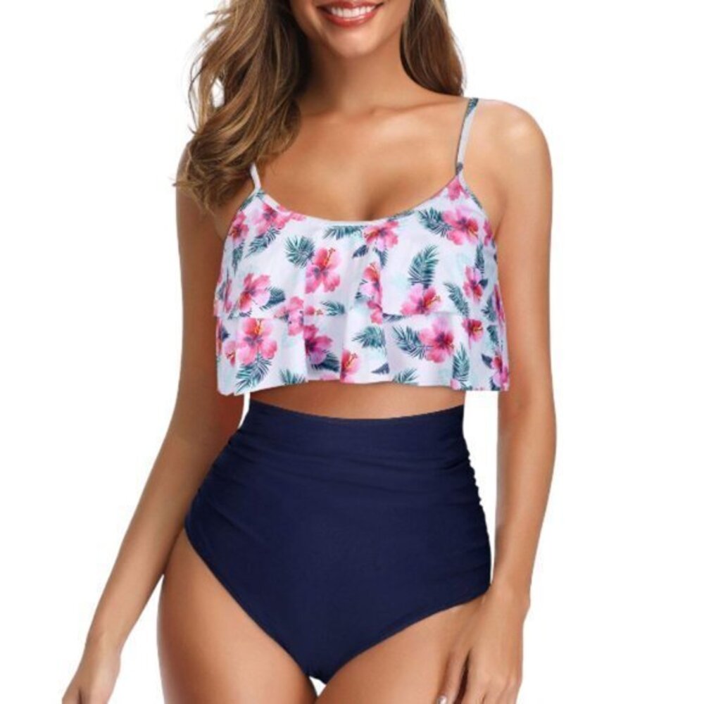 Bikini Set High Waist Bottom Ruffle Floral Tankini Top Swimsuit Large NWT #1929